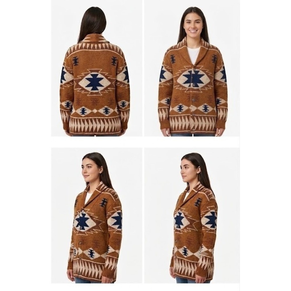 Sinransinya Jacquard Cardigan Sweater‎ Womens Brown Geometric Aztec Print Y2K